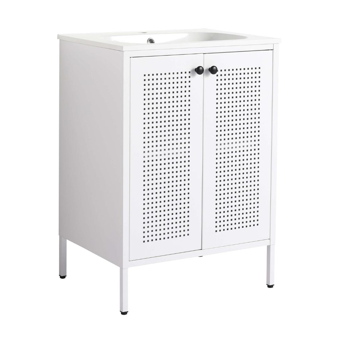 Close-up of the mesh doors on the modern white vanity cabinet, illustrating its stylish and functional design.