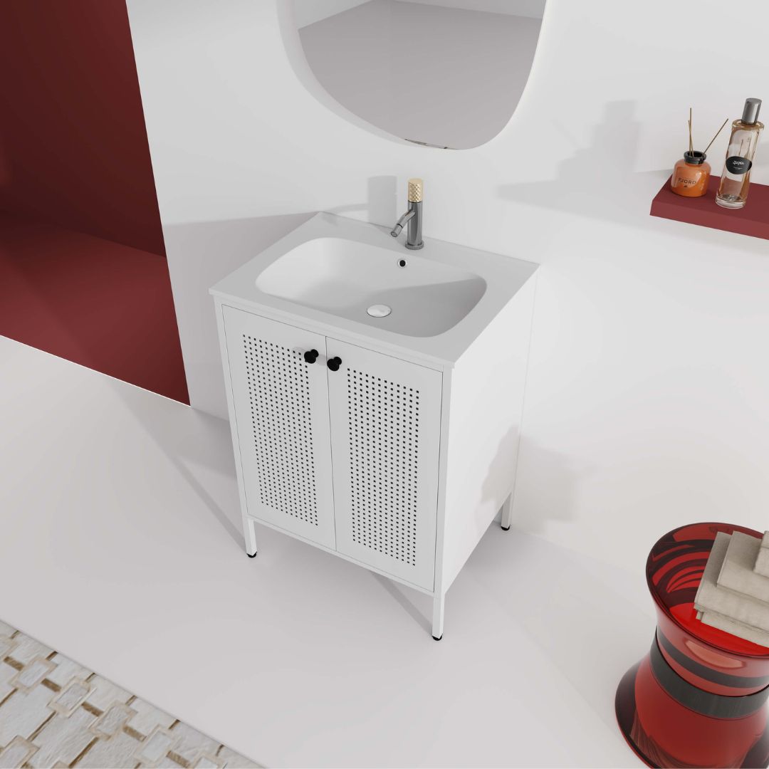 Side angle of the bathroom vanity cabinet highlighting the ceramic sink and storage space.