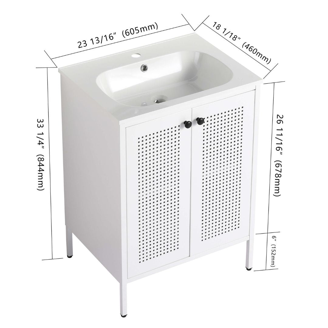 Side angle of the bathroom vanity cabinet highlighting the ceramic sink and storage space.