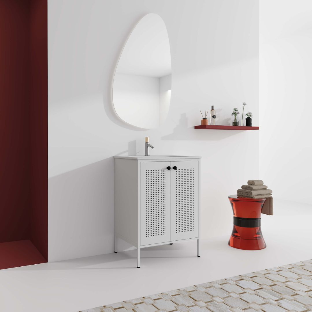 Close-up of the mesh doors on the modern white vanity cabinet, illustrating its stylish and functional design.
