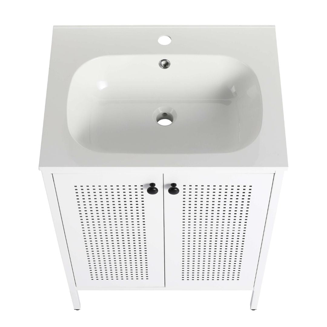 Close-up of the mesh doors on the modern white vanity cabinet, illustrating its stylish and functional design.