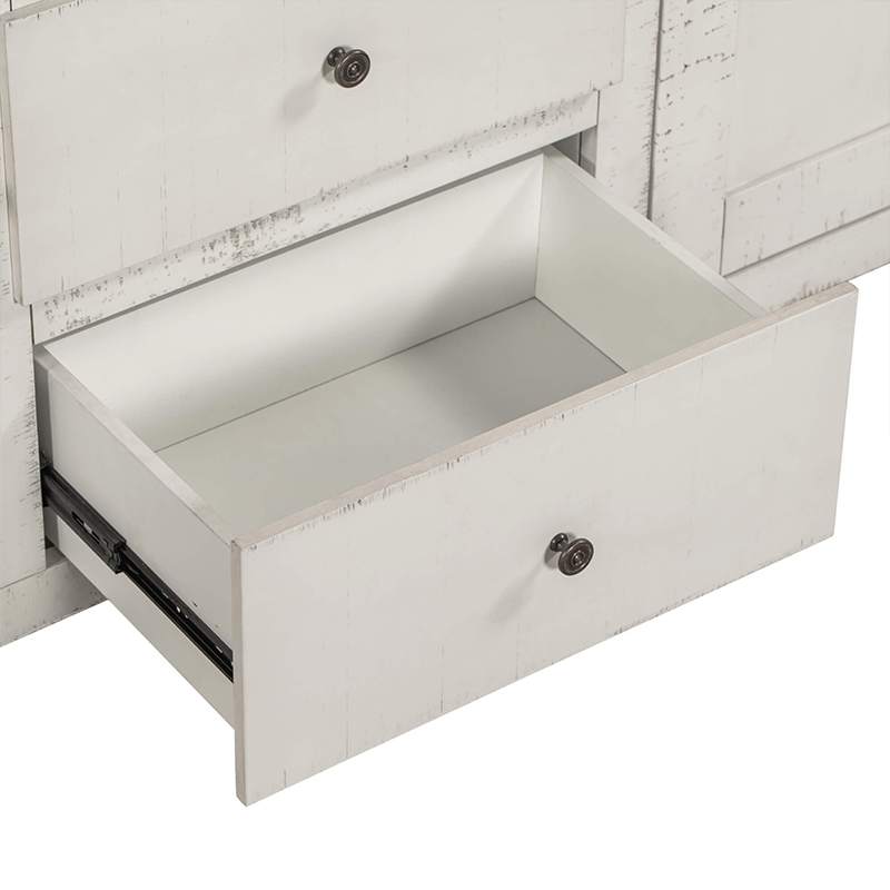 Side view of the rustic antique white buffet cabinet showcasing its adjustable shelves and elegant design.