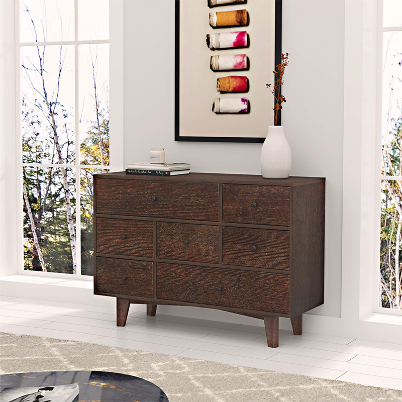 Side angle of the wood cabinet demonstrating adjustable shelves and sturdy design.