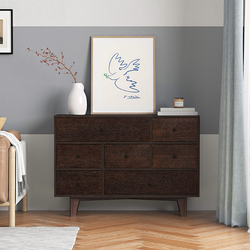 Close-up of the cabinets finish, highlighting the water-based paint and retro style.