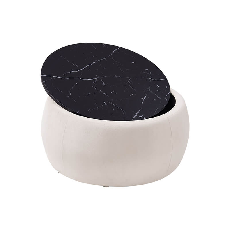 Beige round ottoman coffee table showcasing wooden lid and plush velvet upholstery.