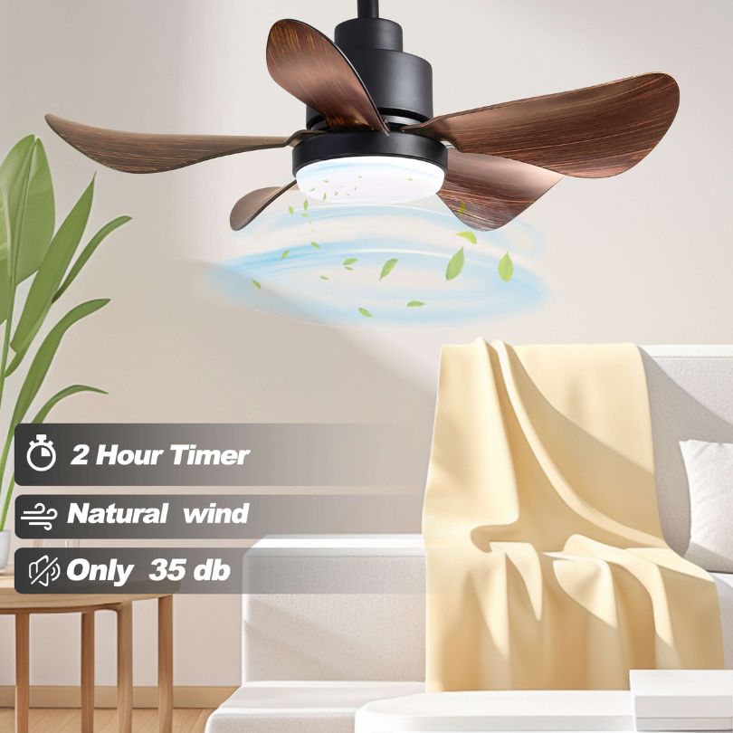 Close-up of the black ceiling fan with walnut reversible blades and flush LED light fixture.