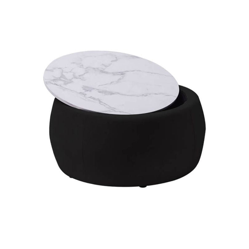 Angled top view of the modern black ottoman with lid tray in a living room