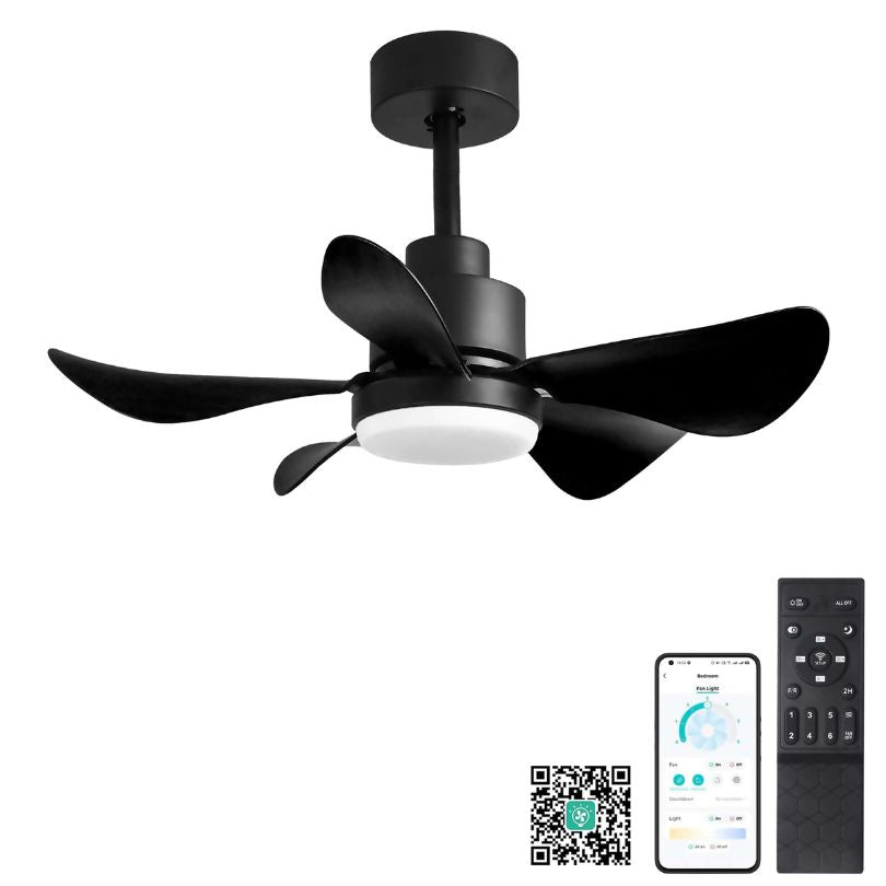 Close-up of fan blades and dimmable LED light, emphasizing its modern ceiling fan design.