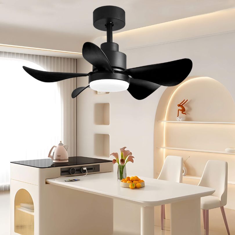 Side-angle view of the AeroGlow LED ceiling fan installed in a contemporary living room.