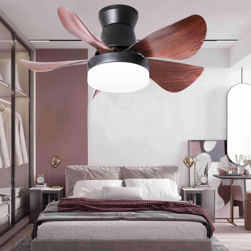 28 inch farmhouse ceiling fan with remote control showcasing its sleek design and flush mount feature.