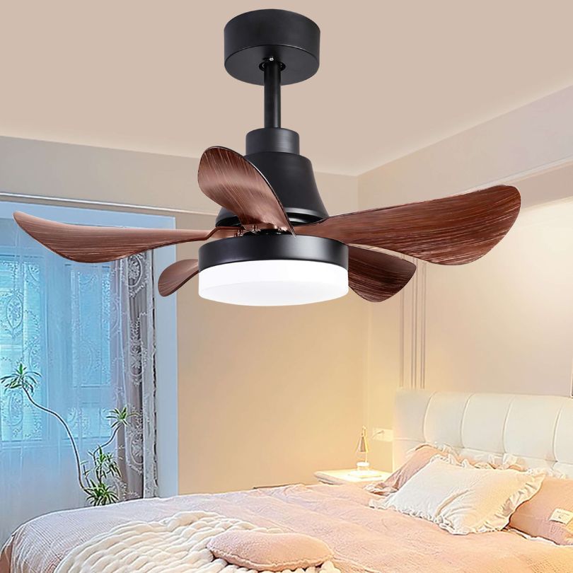 View of the 28-inch walnut farmhouse ceiling fan with remote control from the side, showcasing its sleek design and five reversible blades.