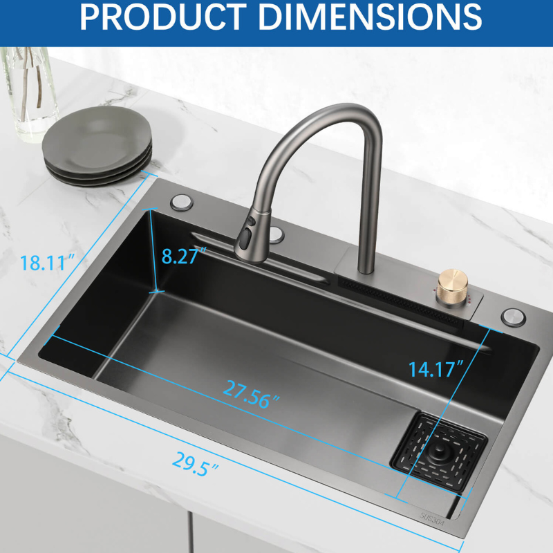 Modern 29.5" Large Single Stainless Steel Kitchen Sink with Waterfall Faucet - Image 10