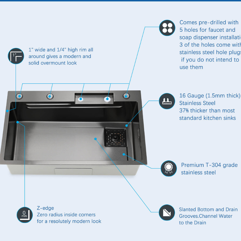 Modern 29.5" Large Single Stainless Steel Kitchen Sink with Waterfall Faucet - Image 7