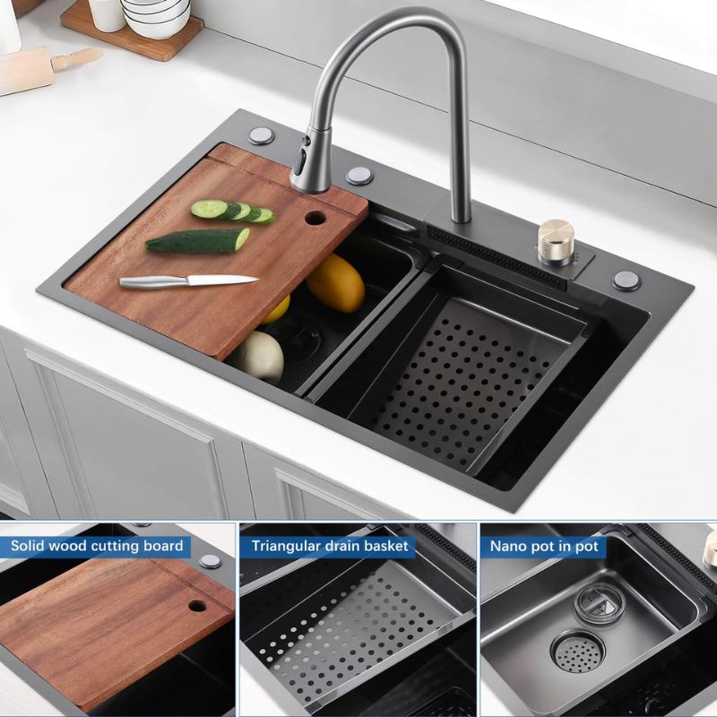 Modern 29.5" Large Single Stainless Steel Kitchen Sink with Waterfall Faucet - Image 2