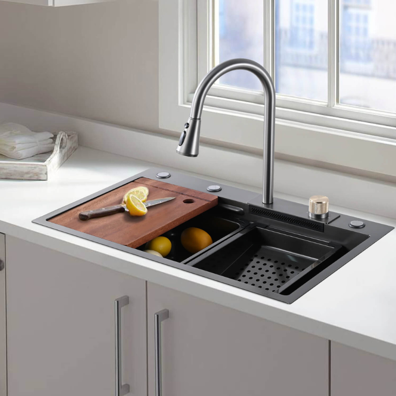 Modern 29.5-inch stainless steel sink with flying rain waterfall faucet, showcasing a sleek design.