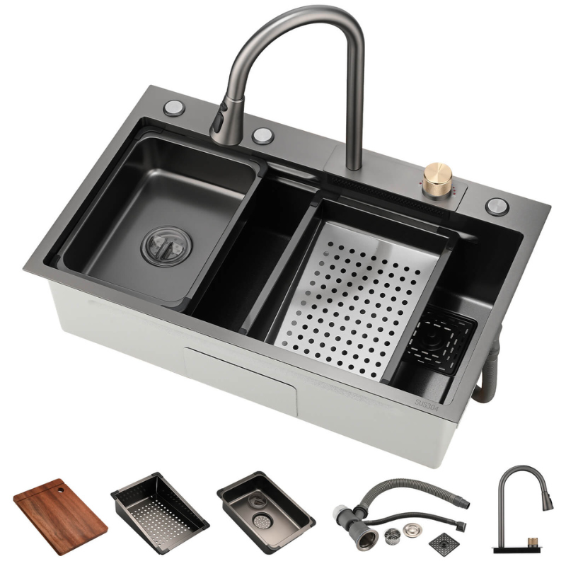 Modern 29.5" Large Single Stainless Steel Kitchen Sink with Waterfall Faucet - Image 5