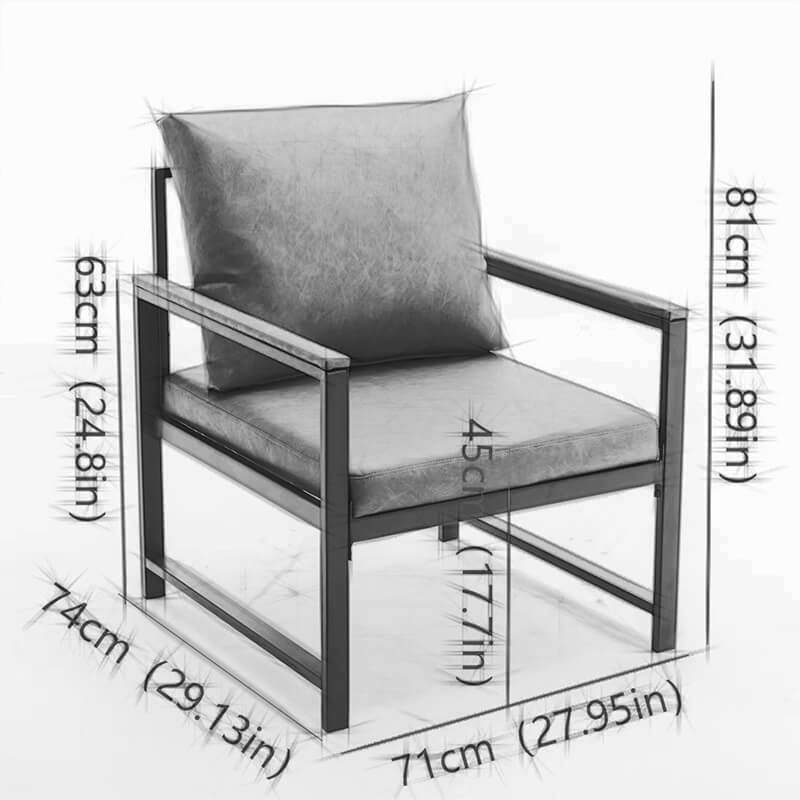 Side view of the sophisticated gray PU leather accent chair highlighting its padded back and black metal frame.