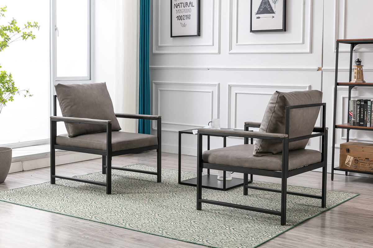 Close-up of the PU leather upholstery and padded back of the gray accent chair, showcasing its luxurious comfort.