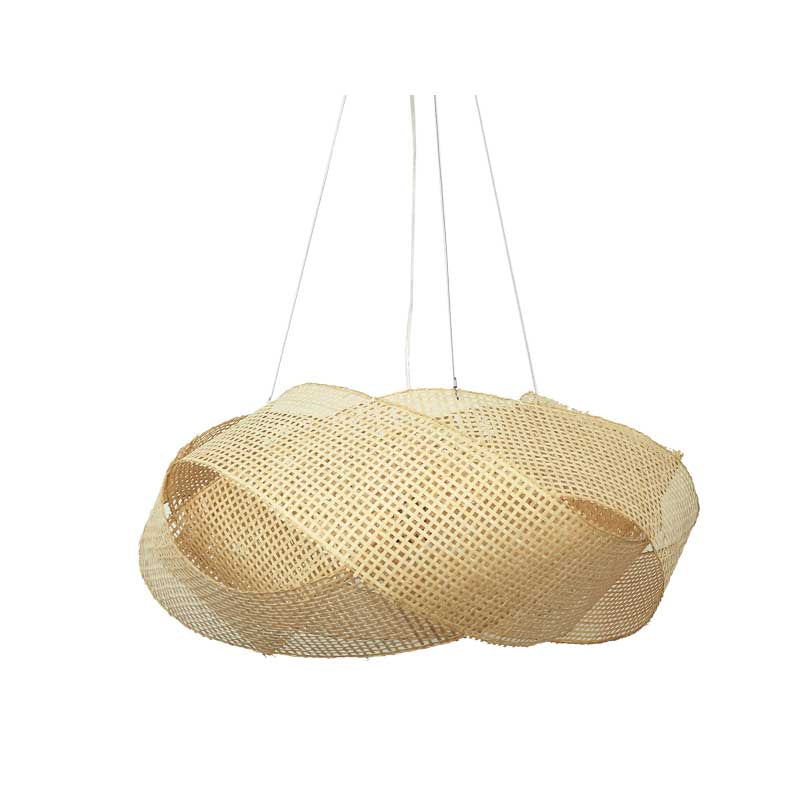 Close-up view of the vintage bamboo light hanging above a dining table, highlighting its natural texture.