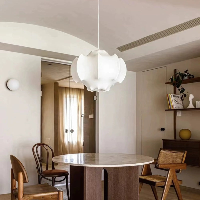 Close-up view of the Nordic designer silk LED pendant light showcasing its intricate cocoon-like design.