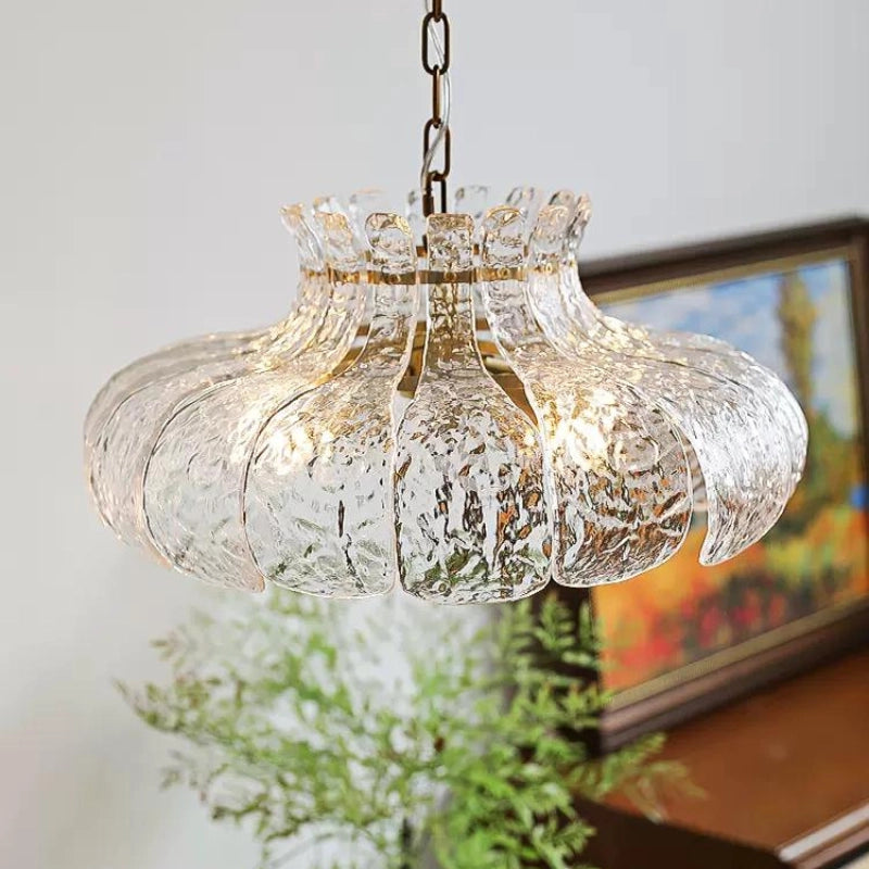 Close-up view of the flower petal design of the pendant light