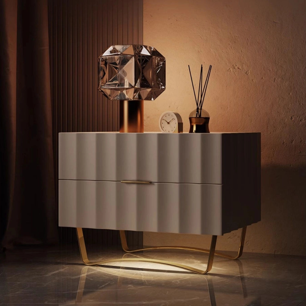 Side view highlighting the sleek stainless steel legs of the modern nightstand.