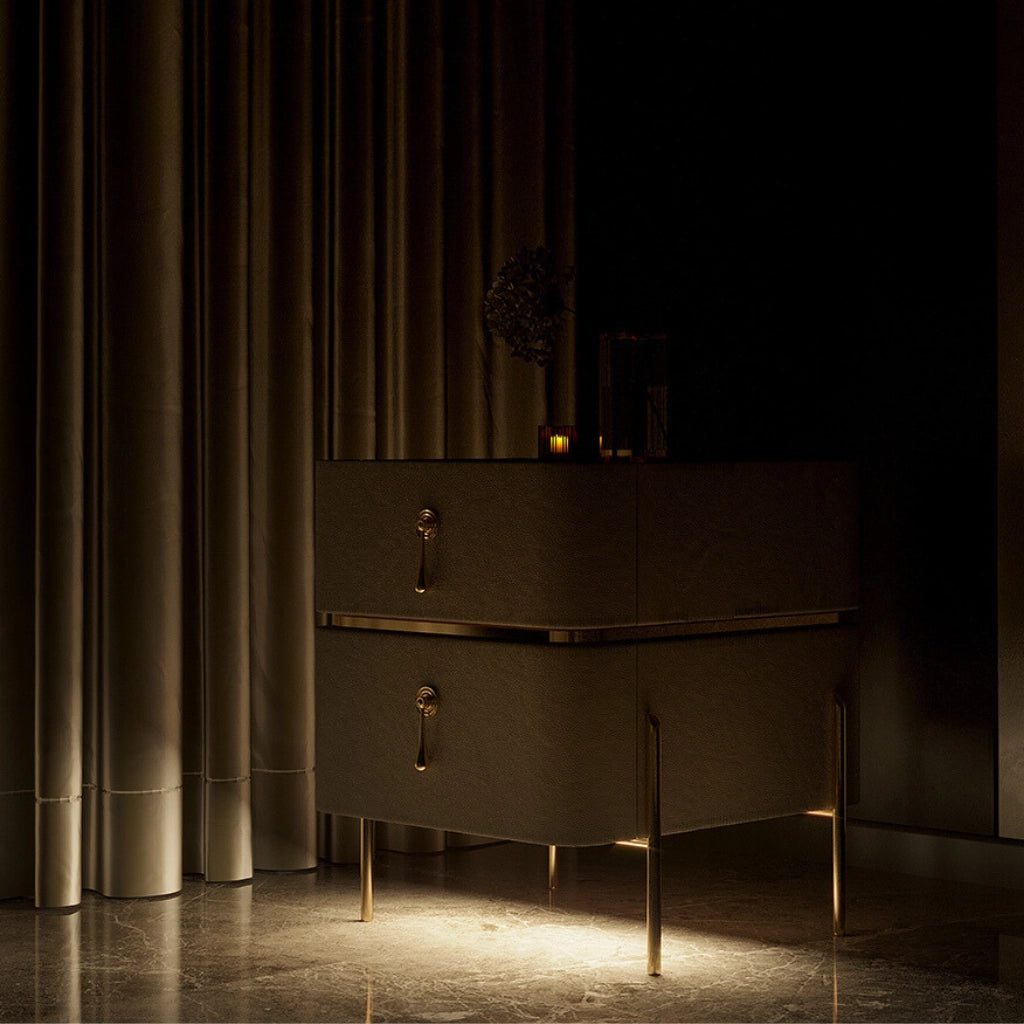 Close-up of the luxurious PU leather texture on the nightstand.