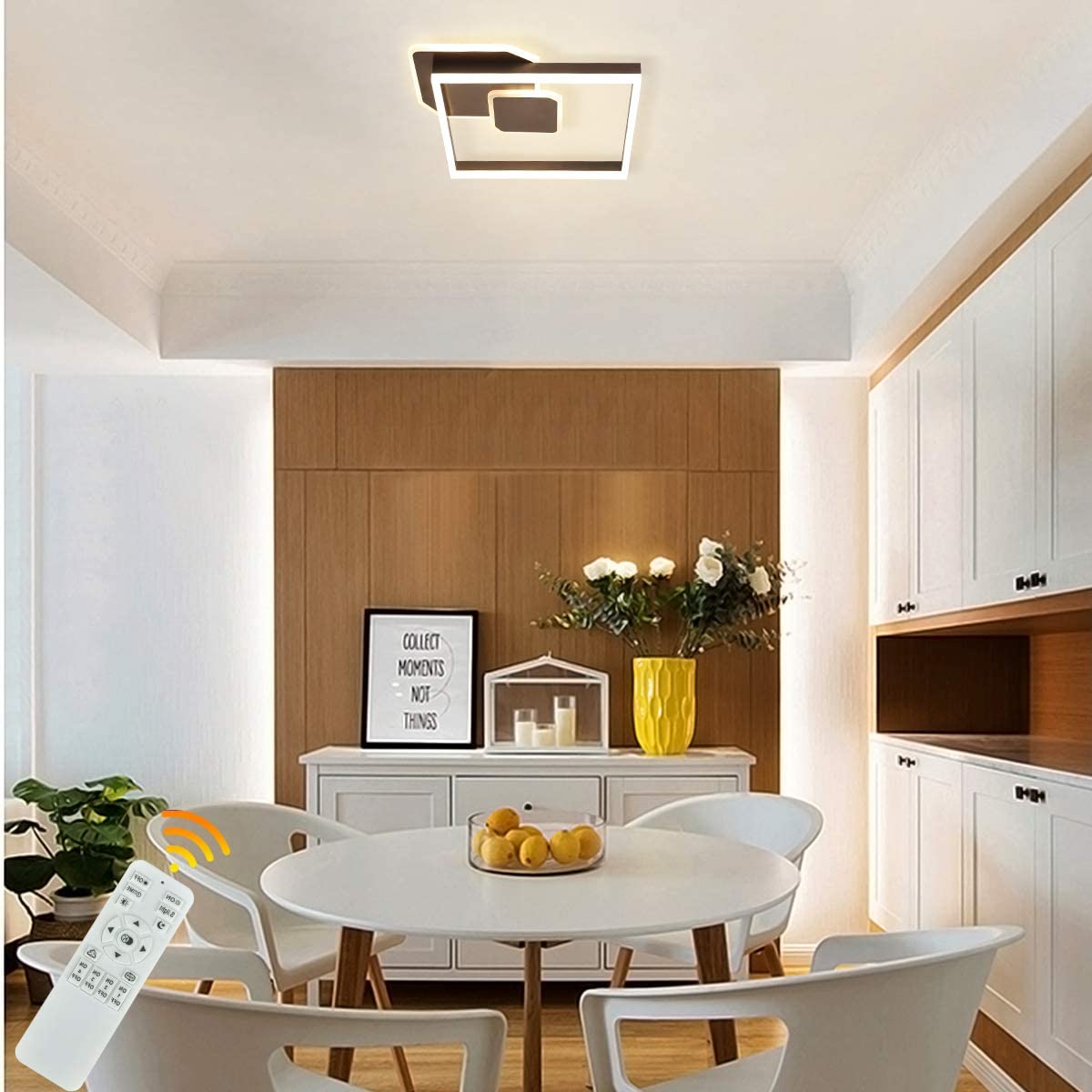 Acrylic shade LED flush mount ceiling light illuminating a modern living room.