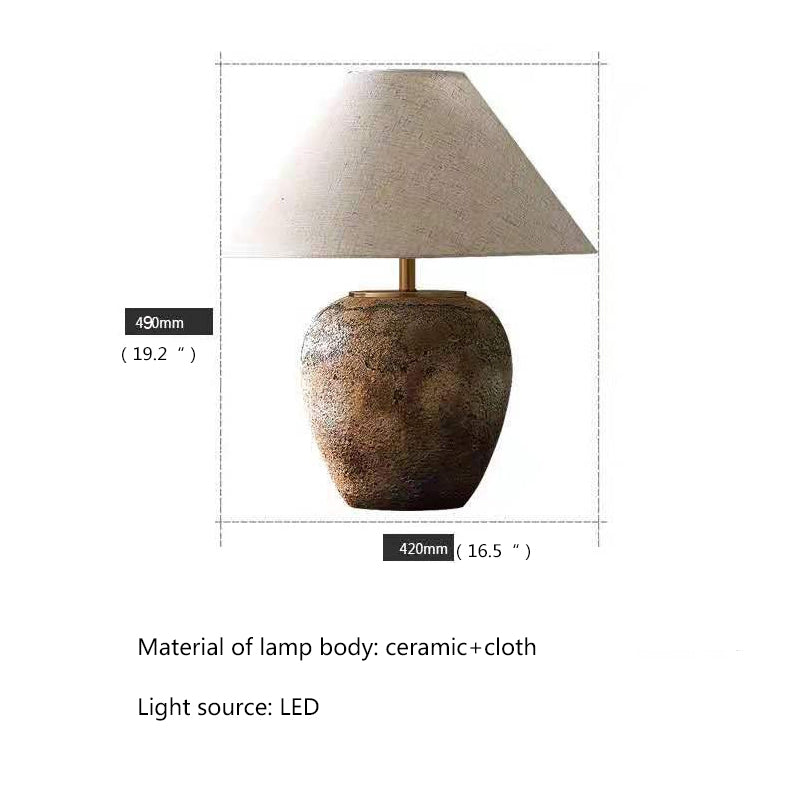 Modern LED table lamp for living room decor, highlighting the ceramic base and fabric shade.