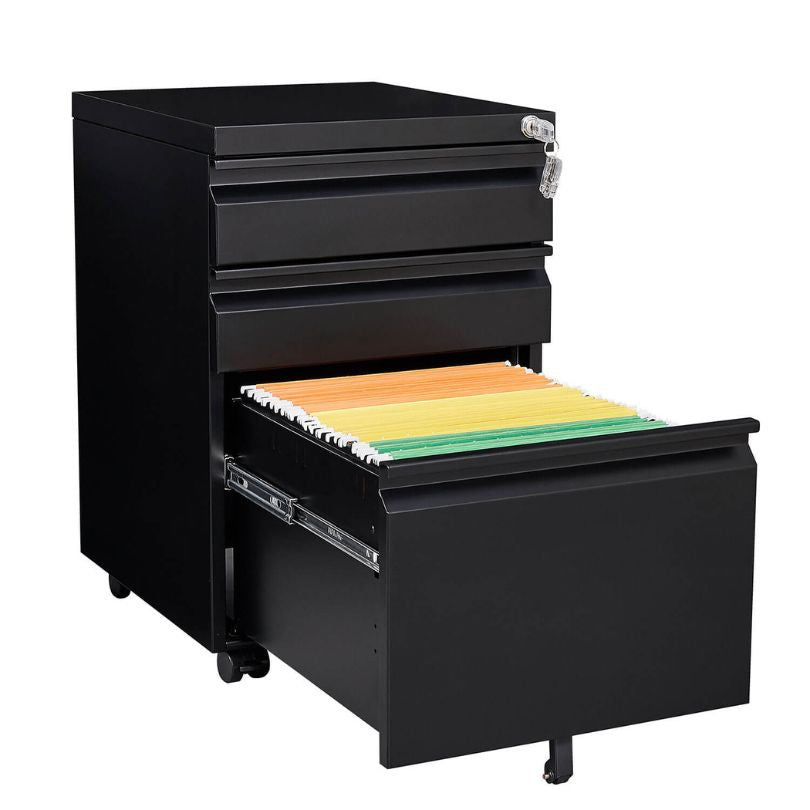 Interior view of the mobile filing cabinets drawers filled with office supplies and documents