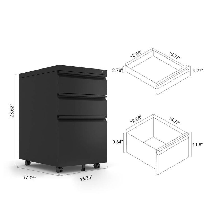 Close-up of the locking mechanism of the 3-drawer filing cabinet ensuring document security