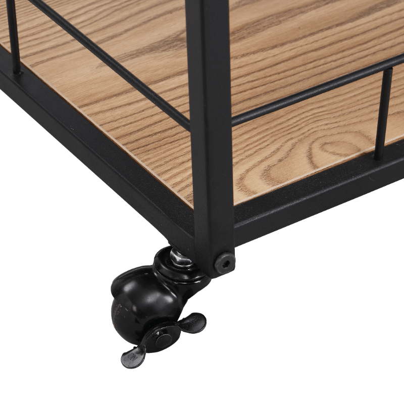 Close-up of stemware holder and wine rack showing sleek black metal finish