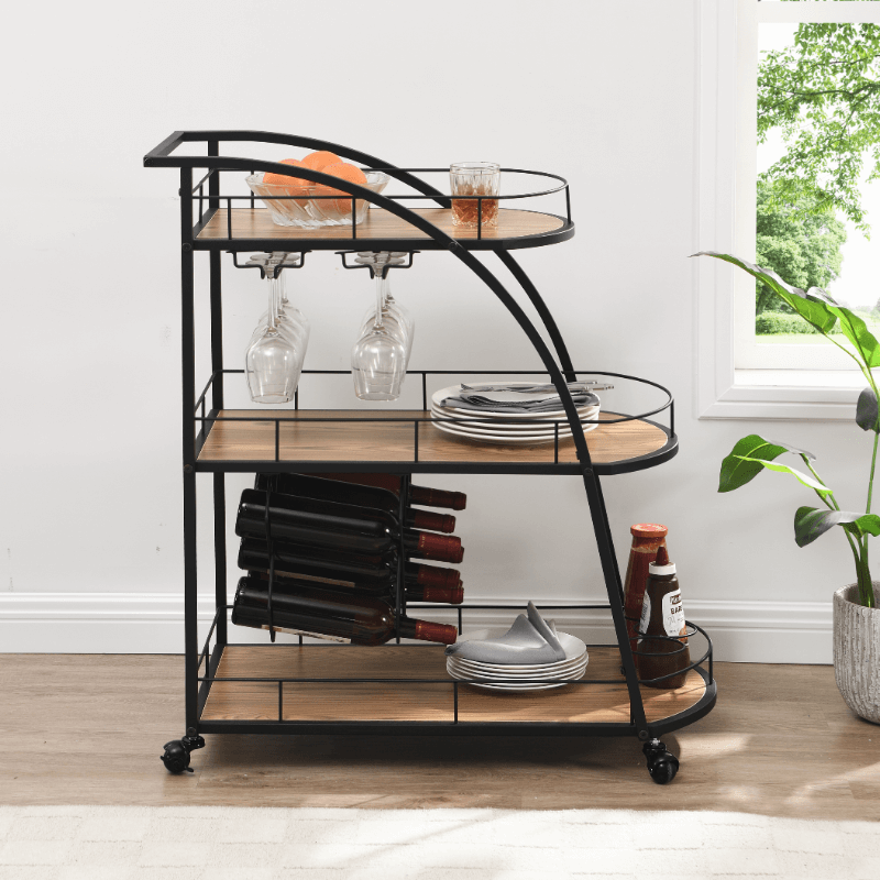 Close-up of stemware holder and wine rack showing sleek black metal finish