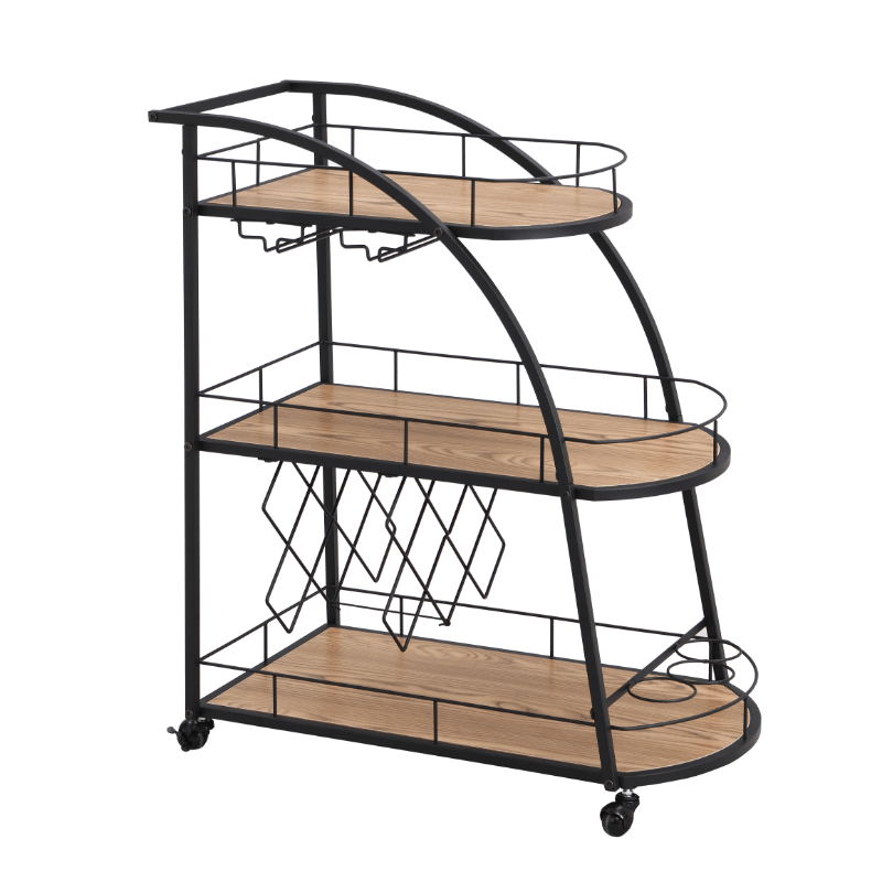 Bar cart in home setting, styled for entertaining with bottles, glasses, and serving tray