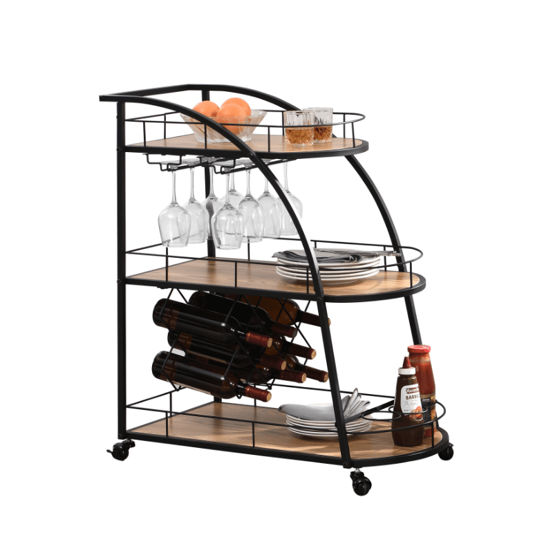 Bar cart in home setting, styled for entertaining with bottles, glasses, and serving tray