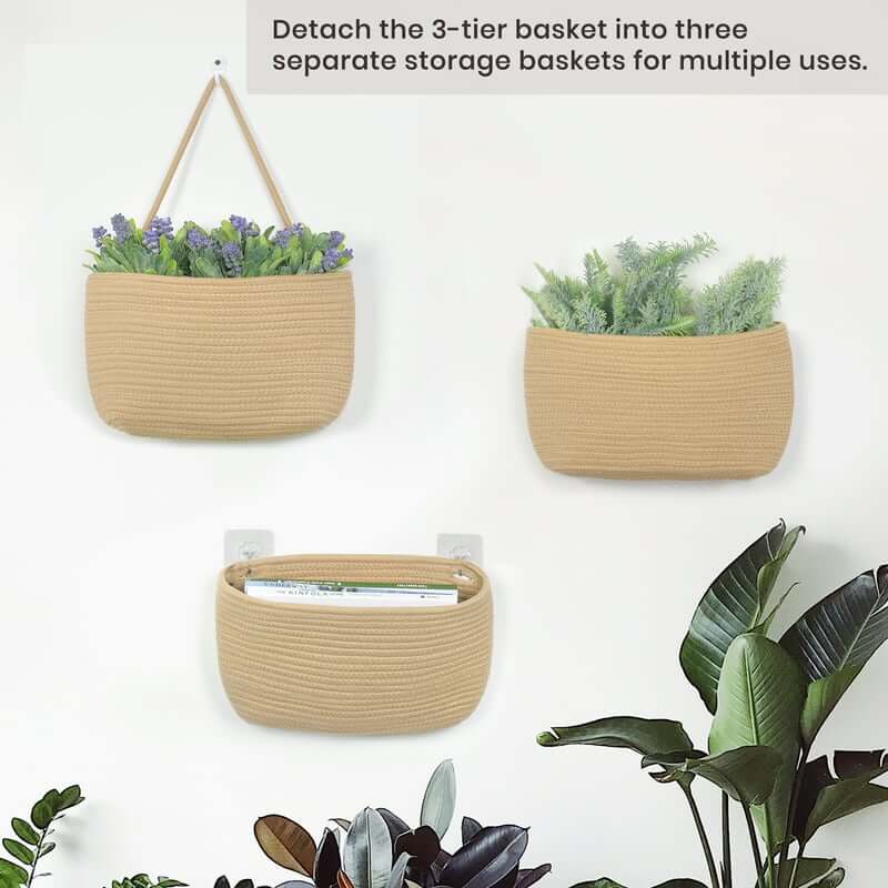 Boho 3-tier wall hanging baskets showcasing plants and decorative items.