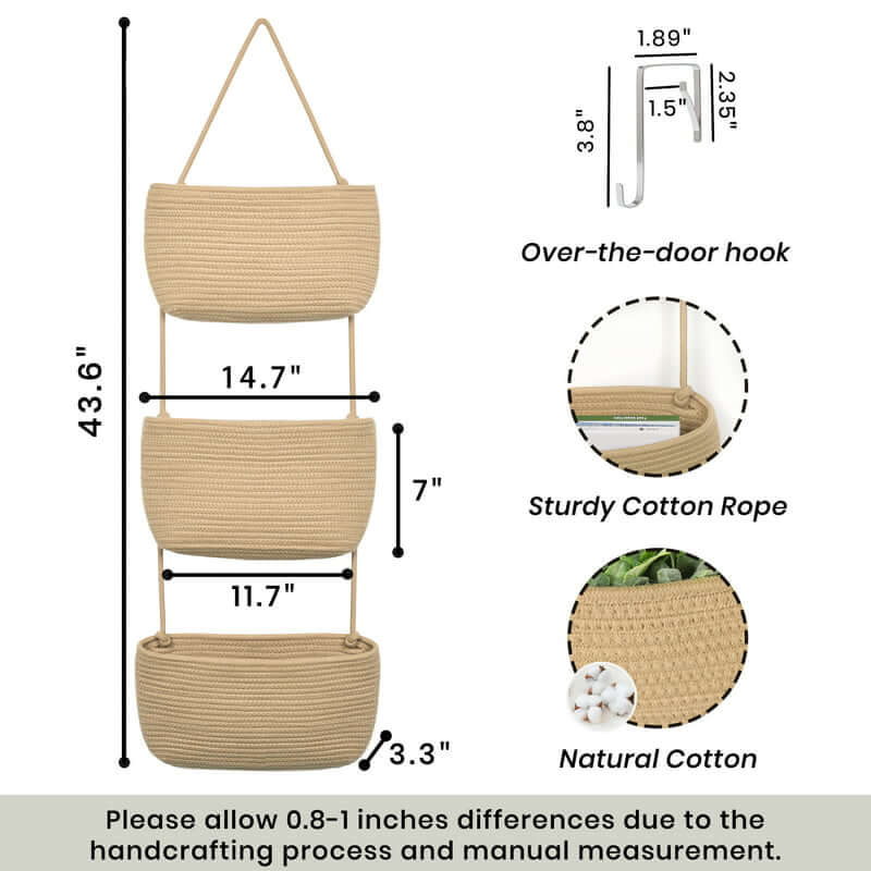 Close-up of the handwoven design on the cotton rope 3-tier hanging baskets.