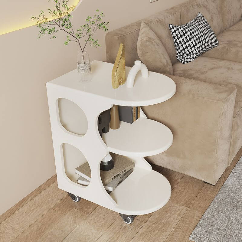 Close-up of the mobile trolleys wooden surface, highlighting the elegant finish and minimalist style.