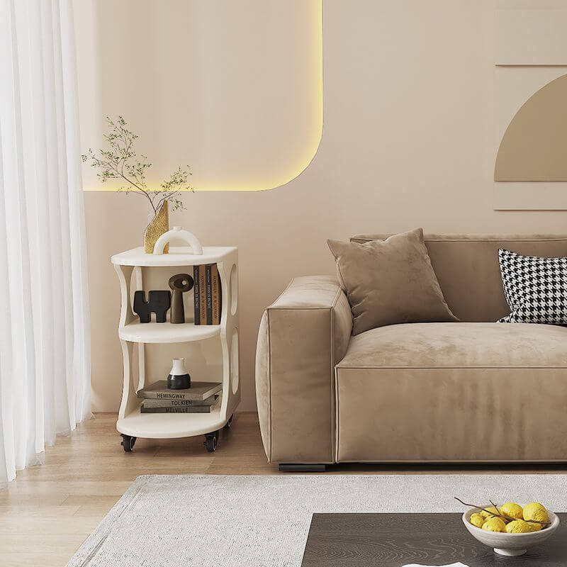 Close-up of the mobile trolleys wooden surface, highlighting the elegant finish and minimalist style.