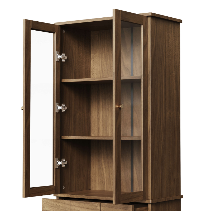 Elegant 3-Tier Tall Bookcase showcasing glass doors filled with books and decor.