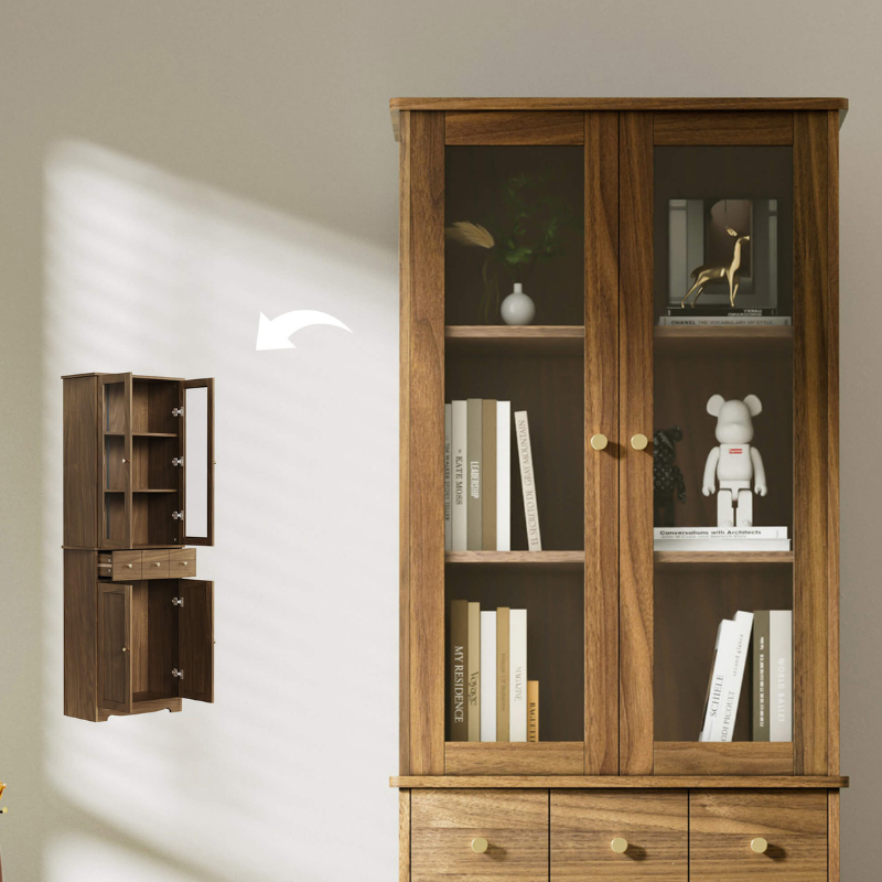 Functional storage cabinet featuring a walnut finish and spacious drawers.
