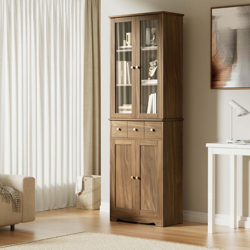 Elegant 3-Tier Tall Bookcase showcasing glass doors filled with books and decor.