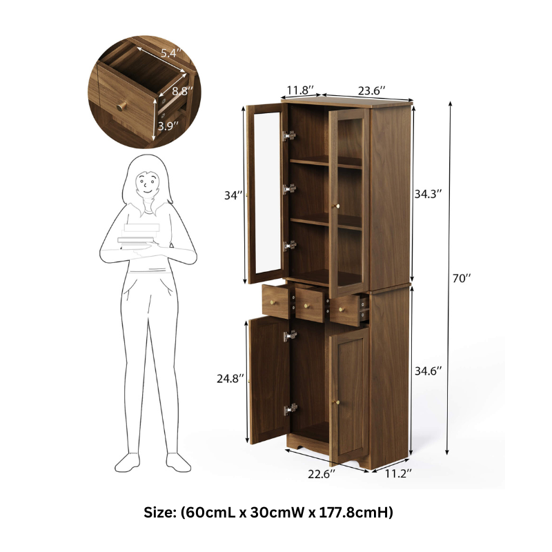 Elegant 3-Tier Tall Bookcase showcasing glass doors filled with books and decor.