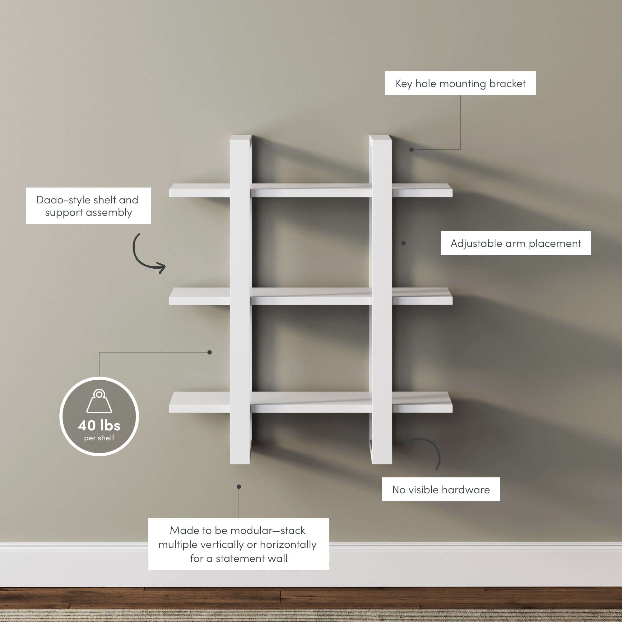 Close-up of the Dado-style design on the floating shelf