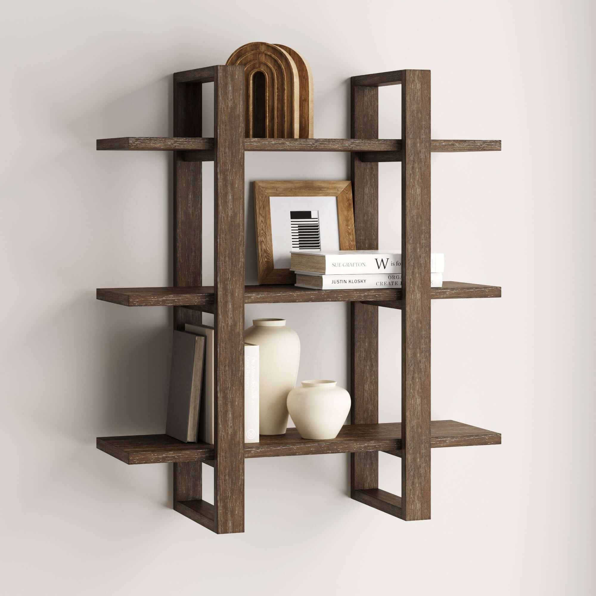 Elegant 3-Tier Floating Wooden Shelf showcasing books and plants