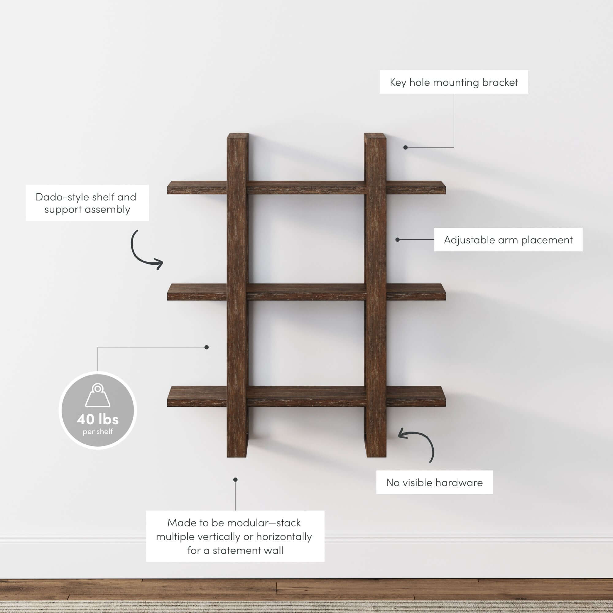 Versatile wooden shelf mounted in a cozy living room setting