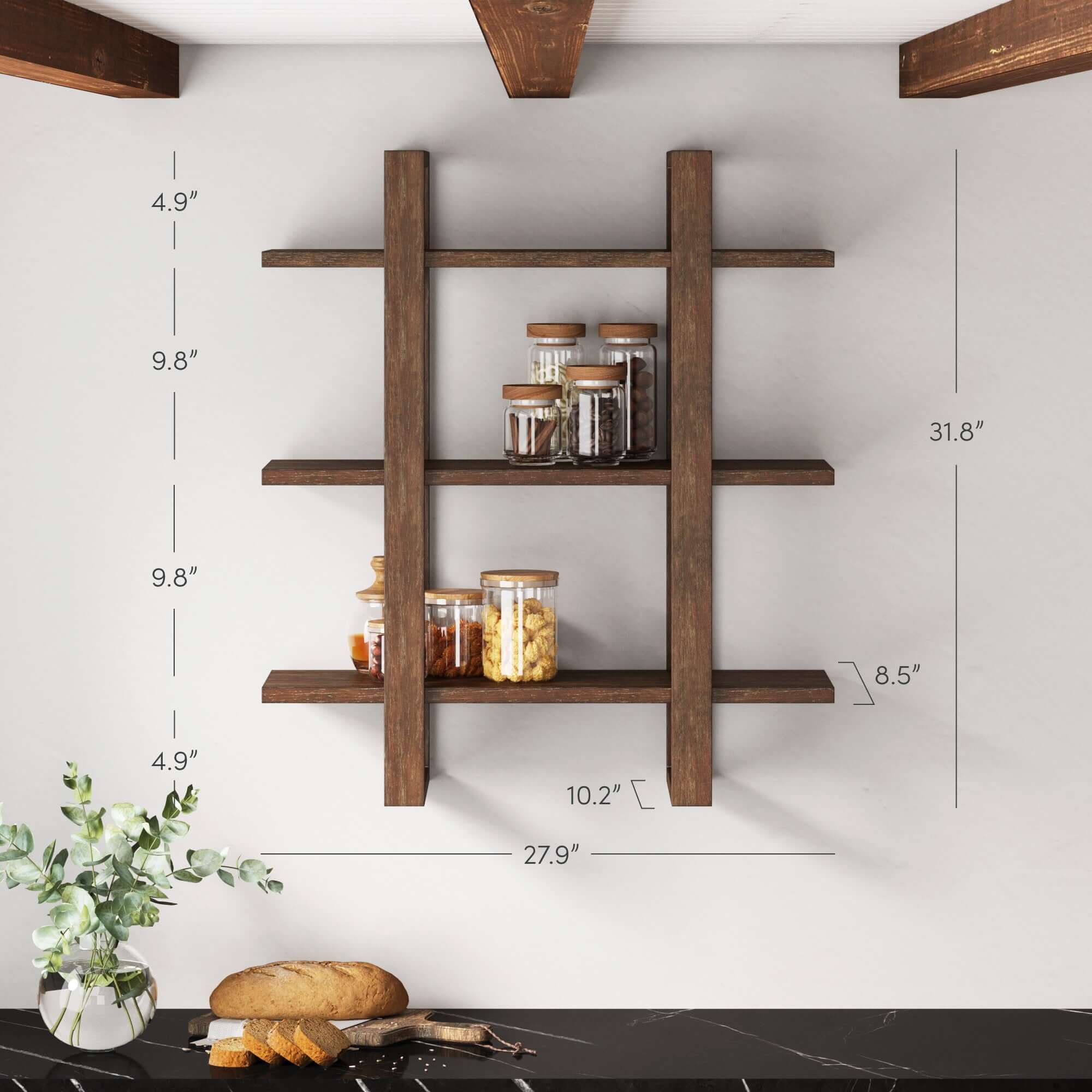 Versatile wooden shelf mounted in a cozy living room setting