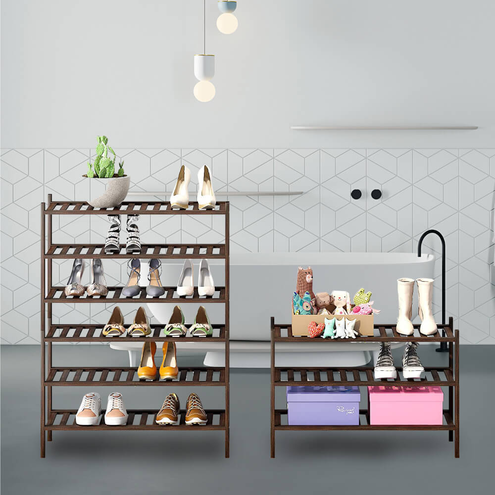3-tier wooden shoe organizer displayed in a modern living room.