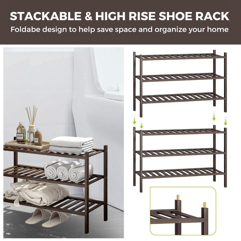3-tier wooden shoe organizer displayed in a modern living room.