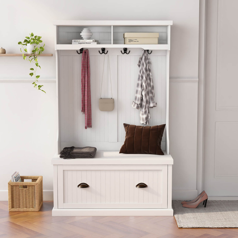 Front view of the versatile white hall tree showcasing its coat rack and storage bench functionality.